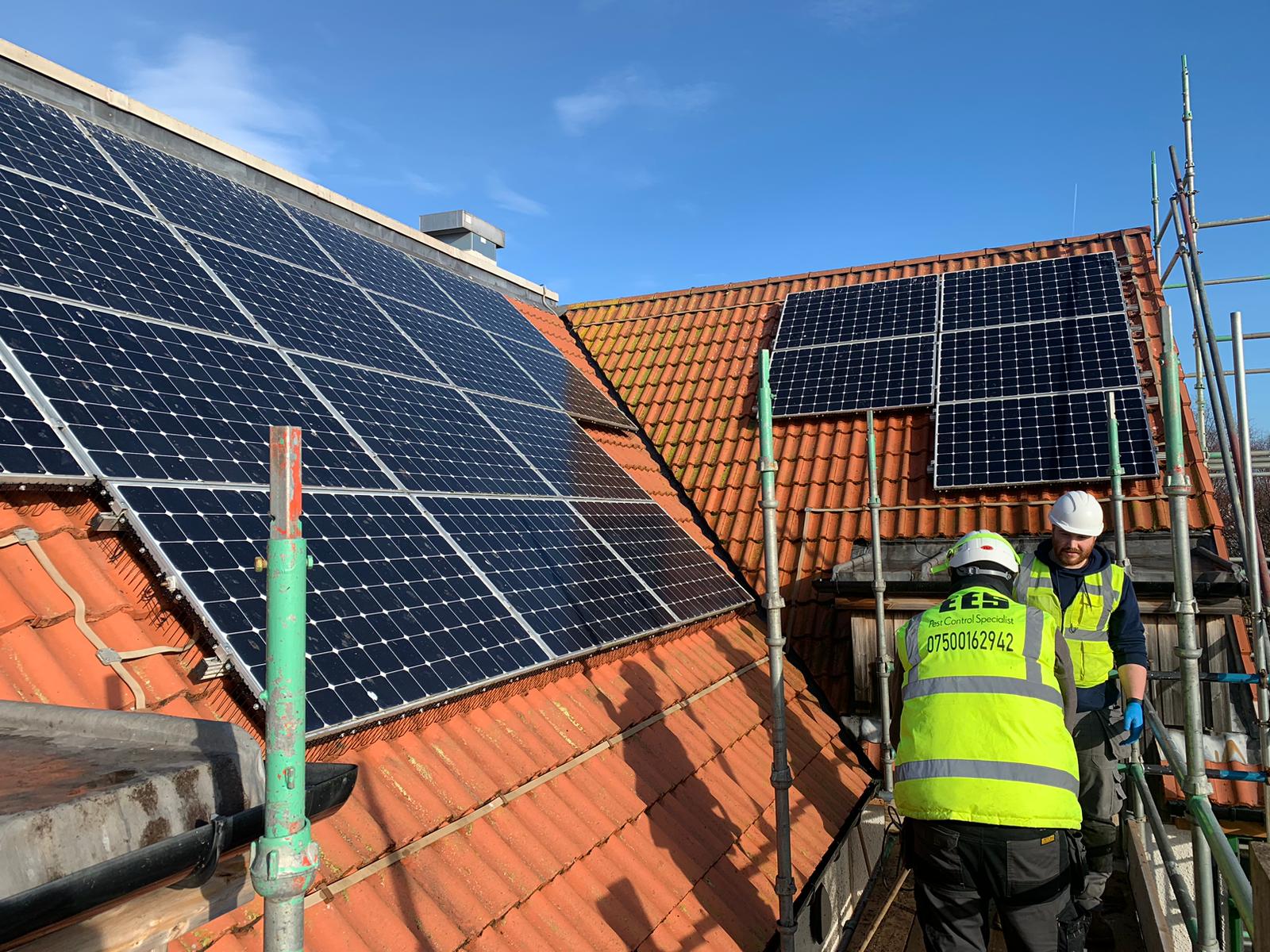 two workers in high vis that have edinbrugh ES Pest control on their back, installing solar panel proofing on a roof